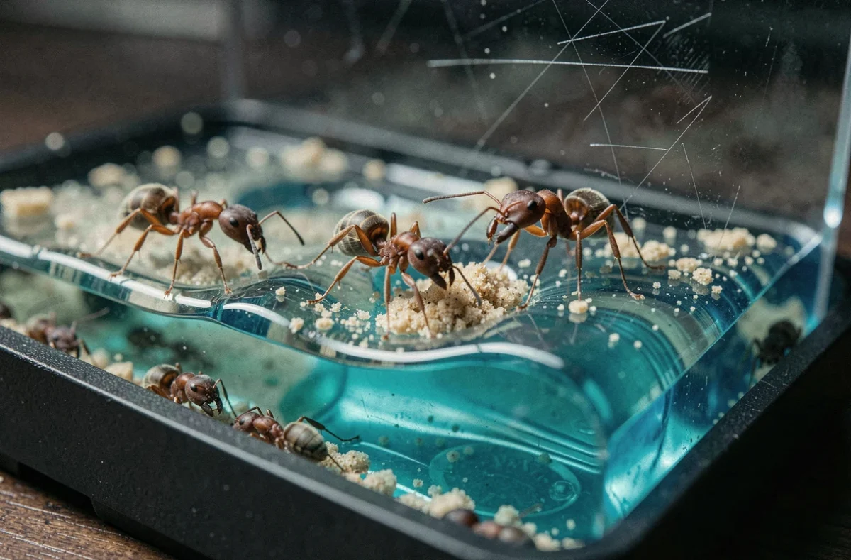 Gros plan macro de fourmis creusant des tunnels dans un kit fourmilière en gel bleu transparent pour observation scientifique