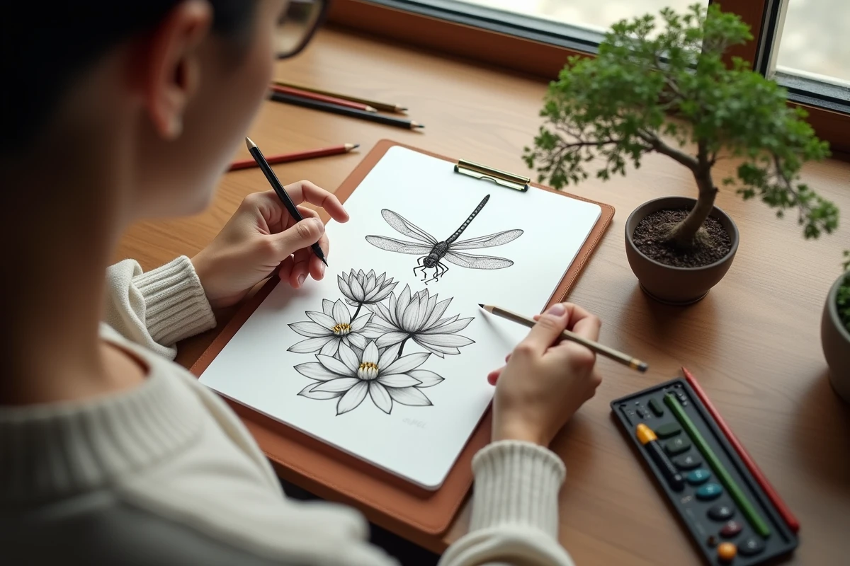 Mains dessinant un libellule sur un carnet d’artiste