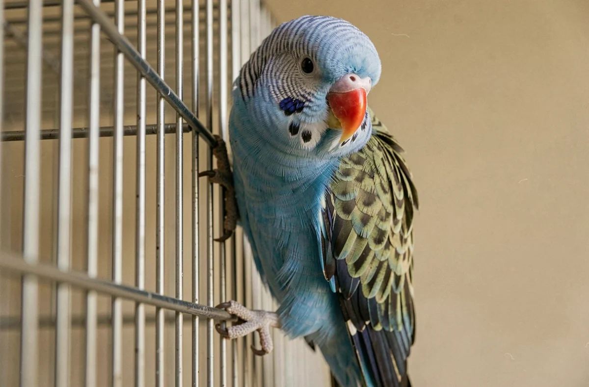 Gros plan d'un mâle perruche omnicolore au plumage bleu vif accroché à la grille de sa cage