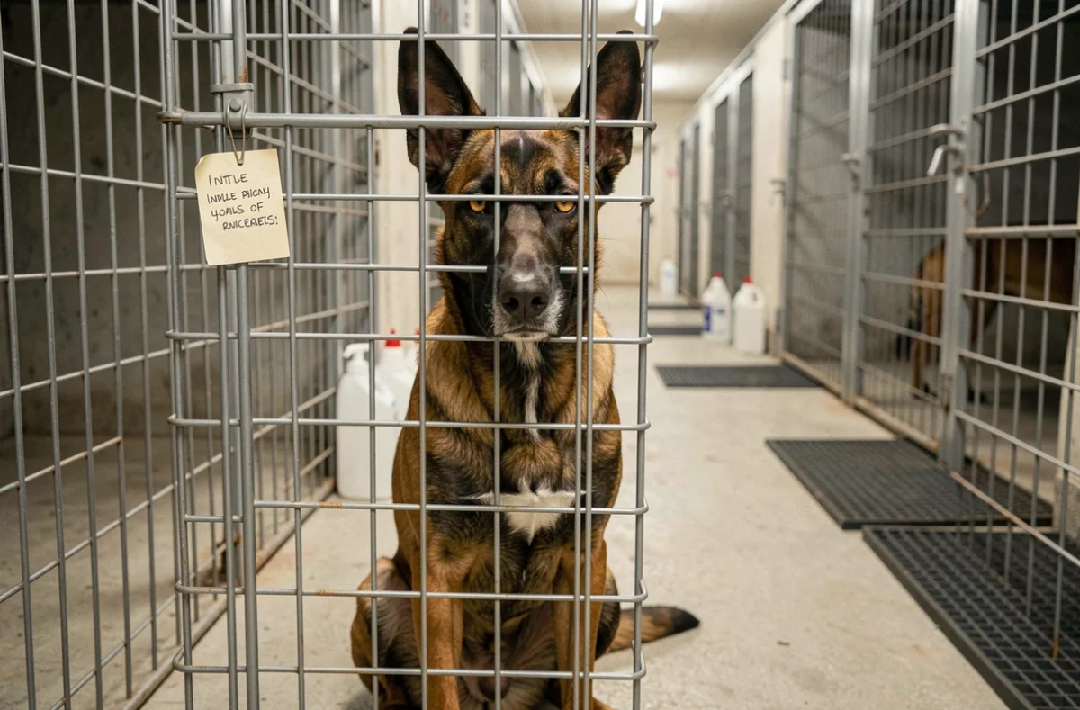 Malinois abandonné dans un chenil de refuge animalier, conséquence des erreurs de dressage et des adoptions irresponsables