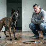 Malinois stressé face à son propriétaire désemparé dans un appartement, illustrant les erreurs de dressage courantes