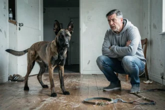 Malinois stressé face à son propriétaire désemparé dans un appartement, illustrant les erreurs de dressage courantes