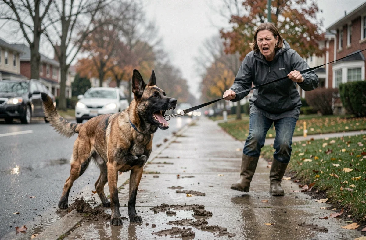 Femme dépassée par son malinois en laisse dans la rue, montrant les dangers d'un manque de dressage adapté