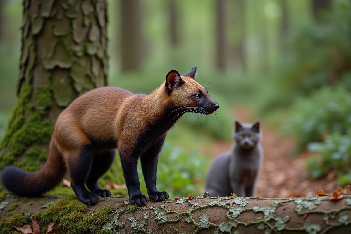 Martre européenne sur un tronc de mousse en forêt