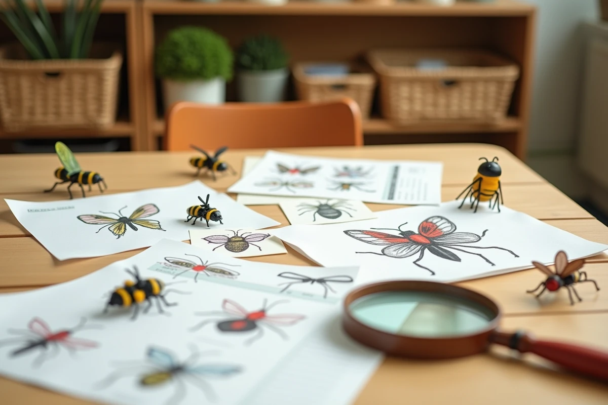 Table d'activités pédagogiques sur les insectes en maternelle avec figurines, loupe, poster illustré et dessins d'enfants