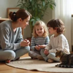 Mère expliquant à ses deux enfants qu'ils vont donner leur chat à une association, scène familiale touchante dans un salon chaleureux