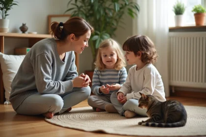 Mère expliquant à ses deux enfants qu'ils vont donner leur chat à une association, scène familiale touchante dans un salon chaleureux