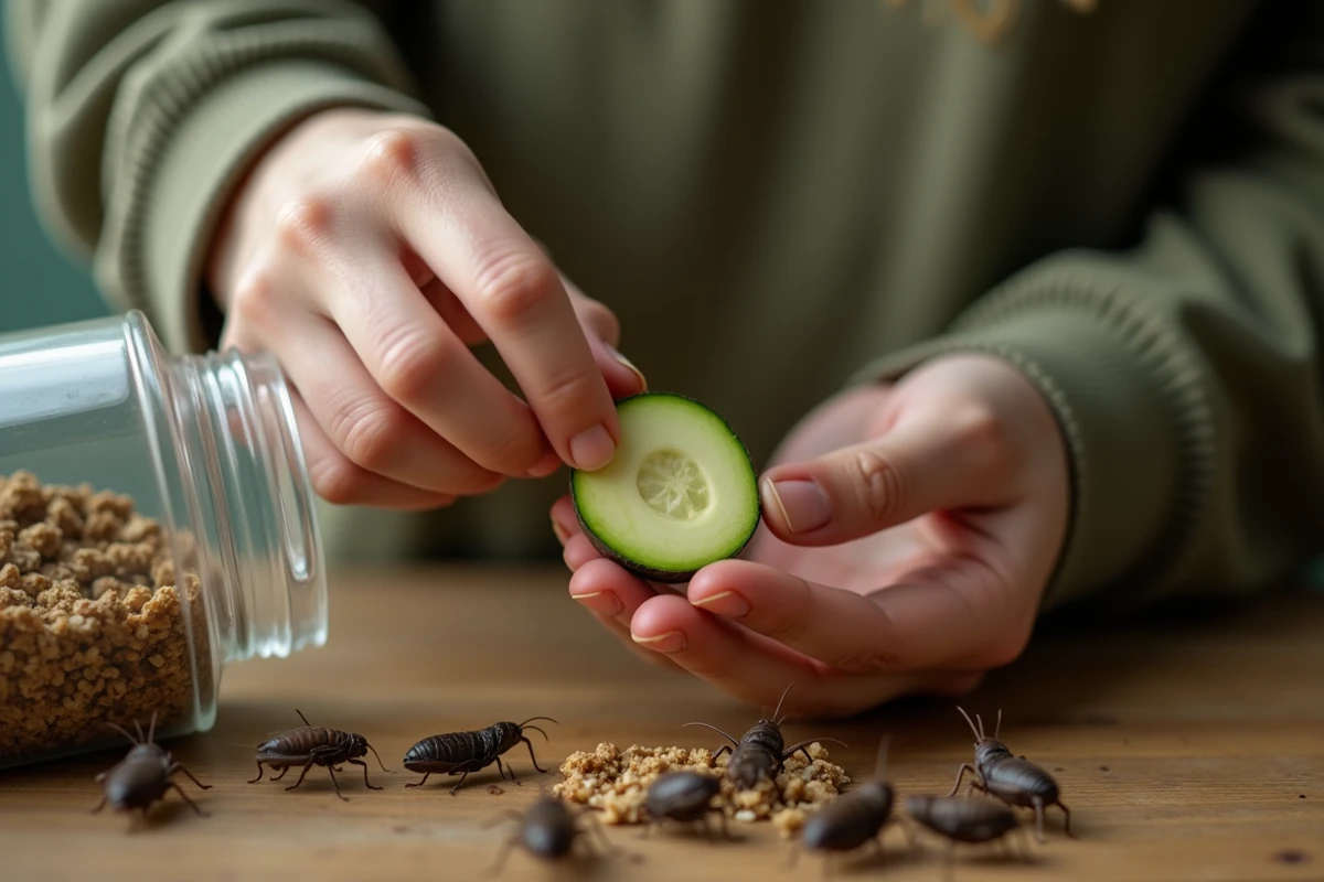 Femme nourrissant des grillons en captivité avec de la courgette fraîche et du son sec dans un terrarium ouvert