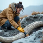 Paléontologue extrayant une défense de mammouth dans le pergélisol arctique lors d'une fouille scientifique