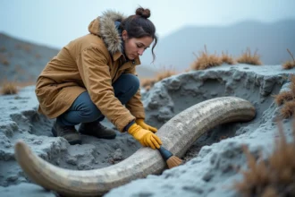 Paléontologue extrayant une défense de mammouth dans le pergélisol arctique lors d'une fouille scientifique