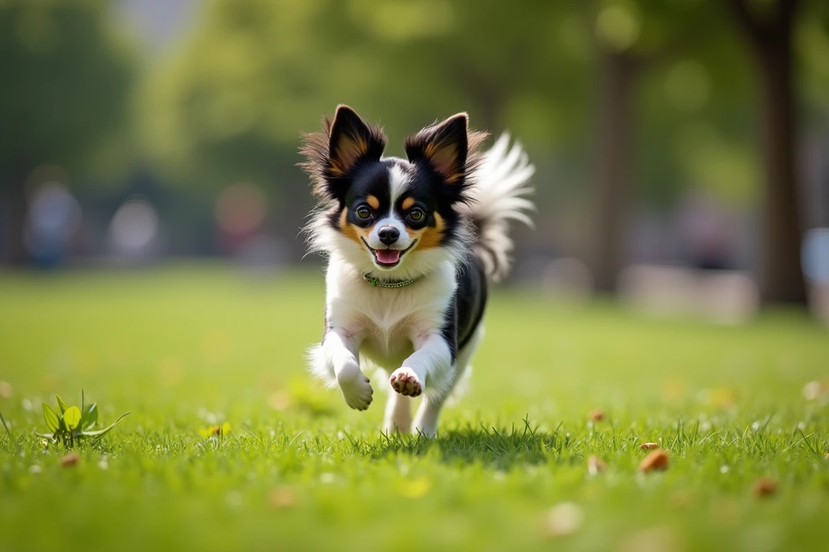 Petit chien croisé Papillon Chihuahua qui court dans un parc verdoyant avec ses oreilles en papillon déployées