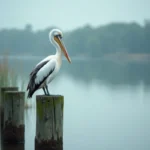 Pélican dalmate posé sur un ponton en bois au bord d'un lac, animal commençant par D pour fiches scolaires