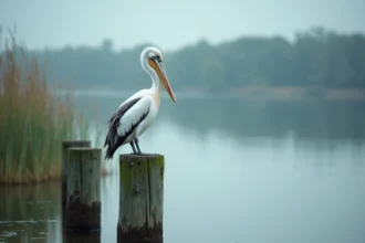 Pélican dalmate posé sur un ponton en bois au bord d'un lac, animal commençant par D pour fiches scolaires