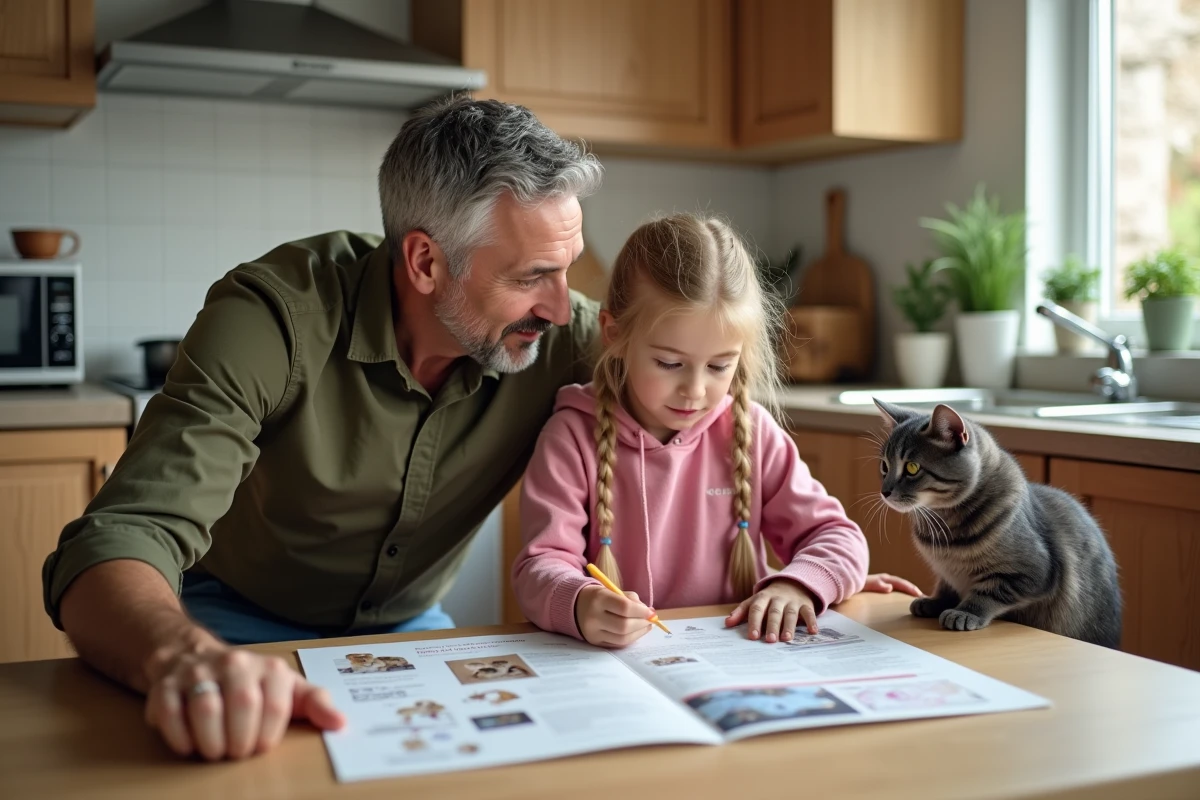 Père et fille consultant une brochure d'association animale avec leur chat sur la table de cuisine, conversation familiale bienveillante