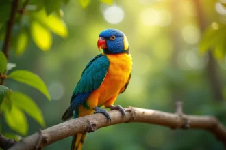 Perruche colorée perchée sur une branche en forêt, entourée de feuillage vert naturel