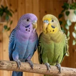 Mâle et femelle perruche omnicolore côte à côte sur une branche, montrant les différences de plumage entre les sexes