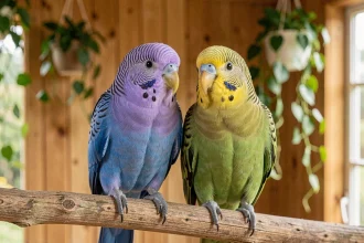 Mâle et femelle perruche omnicolore côte à côte sur une branche, montrant les différences de plumage entre les sexes