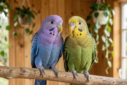Mâle et femelle perruche omnicolore côte à côte sur une branche, montrant les différences de plumage entre les sexes
