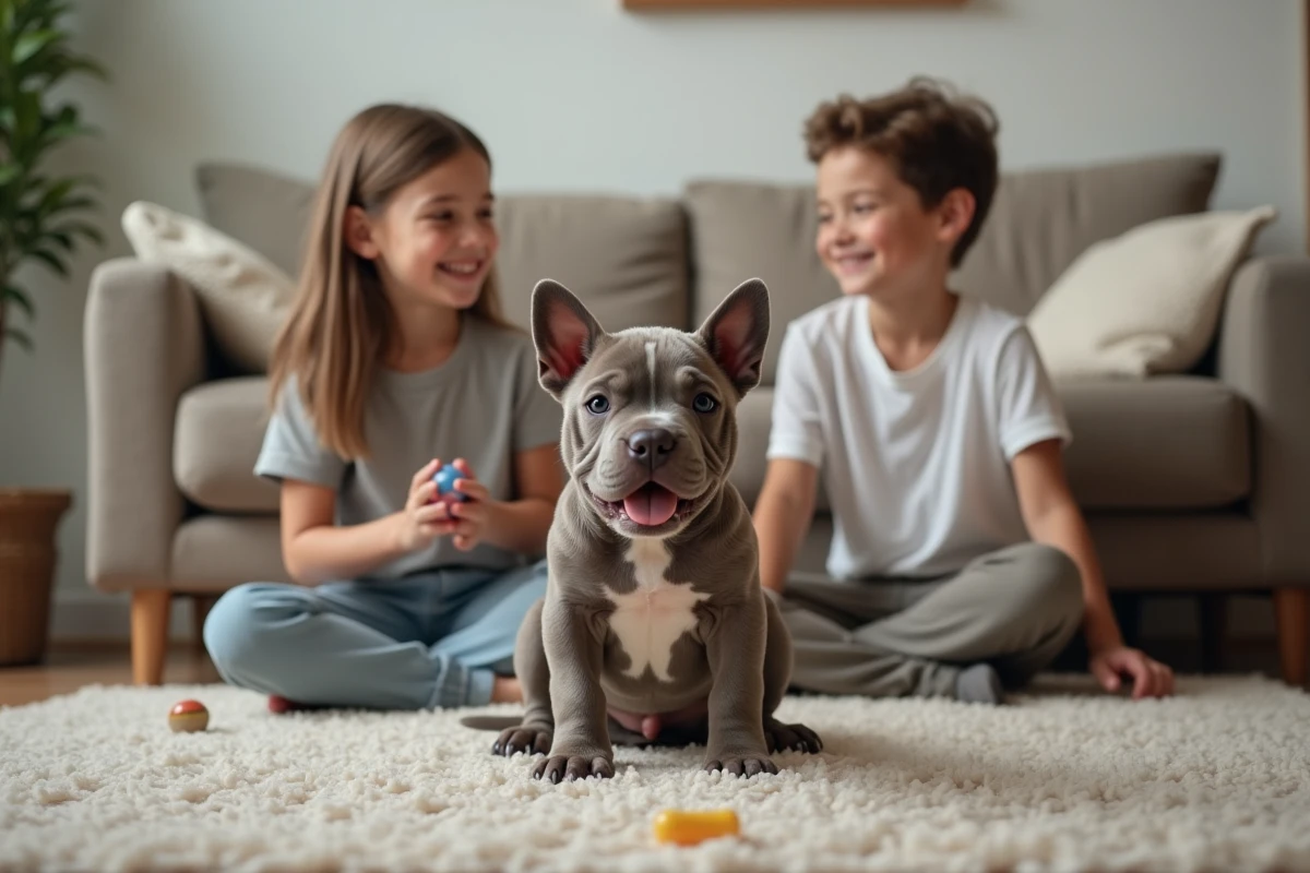 Jeune chiot Exotic Bully avec enfants dans un salon chaleureux
