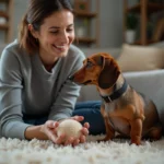 Chien miniature dachshund avec une femme dans un salon chaleureux