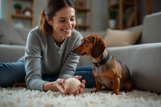 Chien miniature dachshund avec une femme dans un salon chaleureux