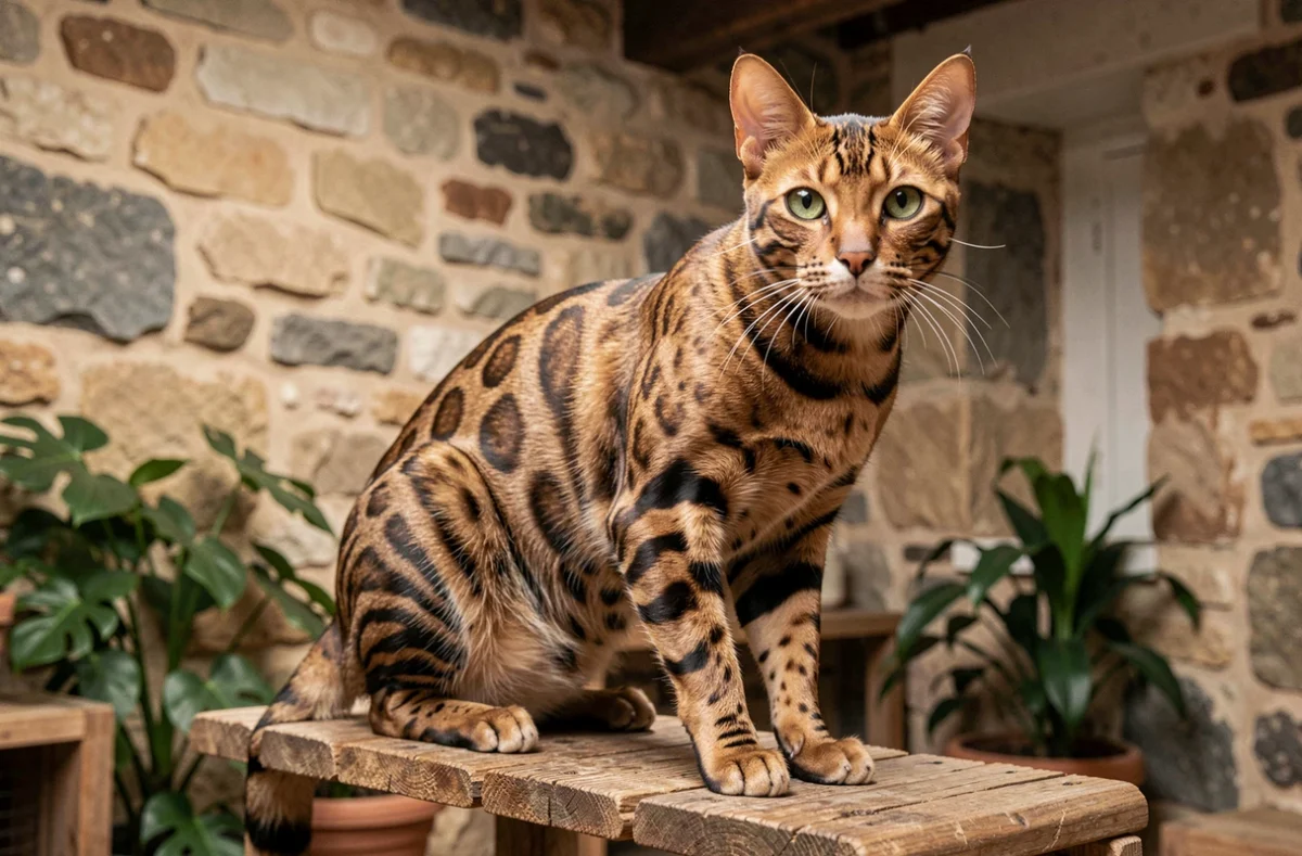 Chat Bengal au pelage tacheté doré et noir perché sur une plateforme en bois naturel dans la chatterie Pierredor