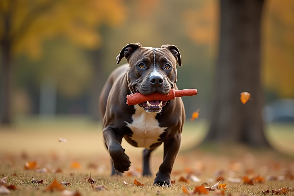 American Pit Bull Terrier mordant un jouet en caoutchouc suspendu, démontrant la puissance musculaire de la mâchoire de cette race de chien