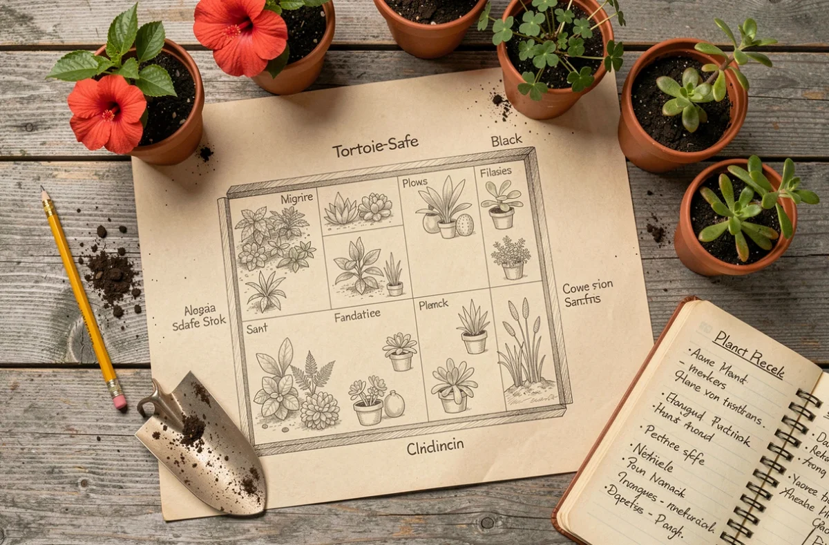 Plan de plantation dessiné à la main pour un enclos à tortue posé sur une table en bois avec des plants d'hibiscus, trèfle et sedum en petits pots étiquetés