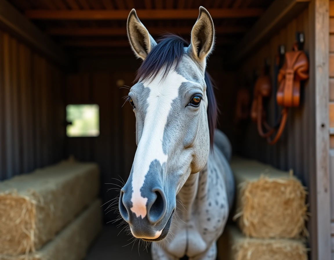 Portrait en gros plan d'un cheval Appaloosa dans une écurie rustique en bois