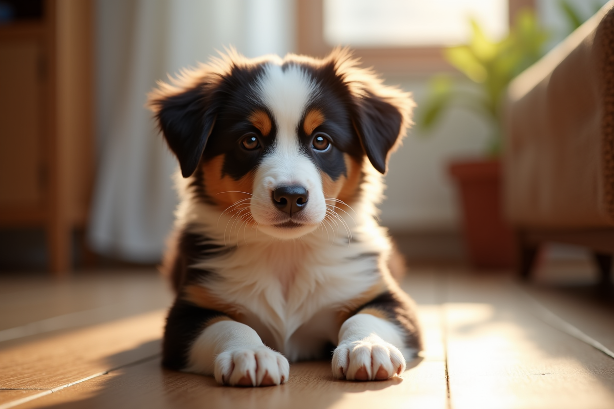 Portrait calme d un chiot australien shepherd en interieur