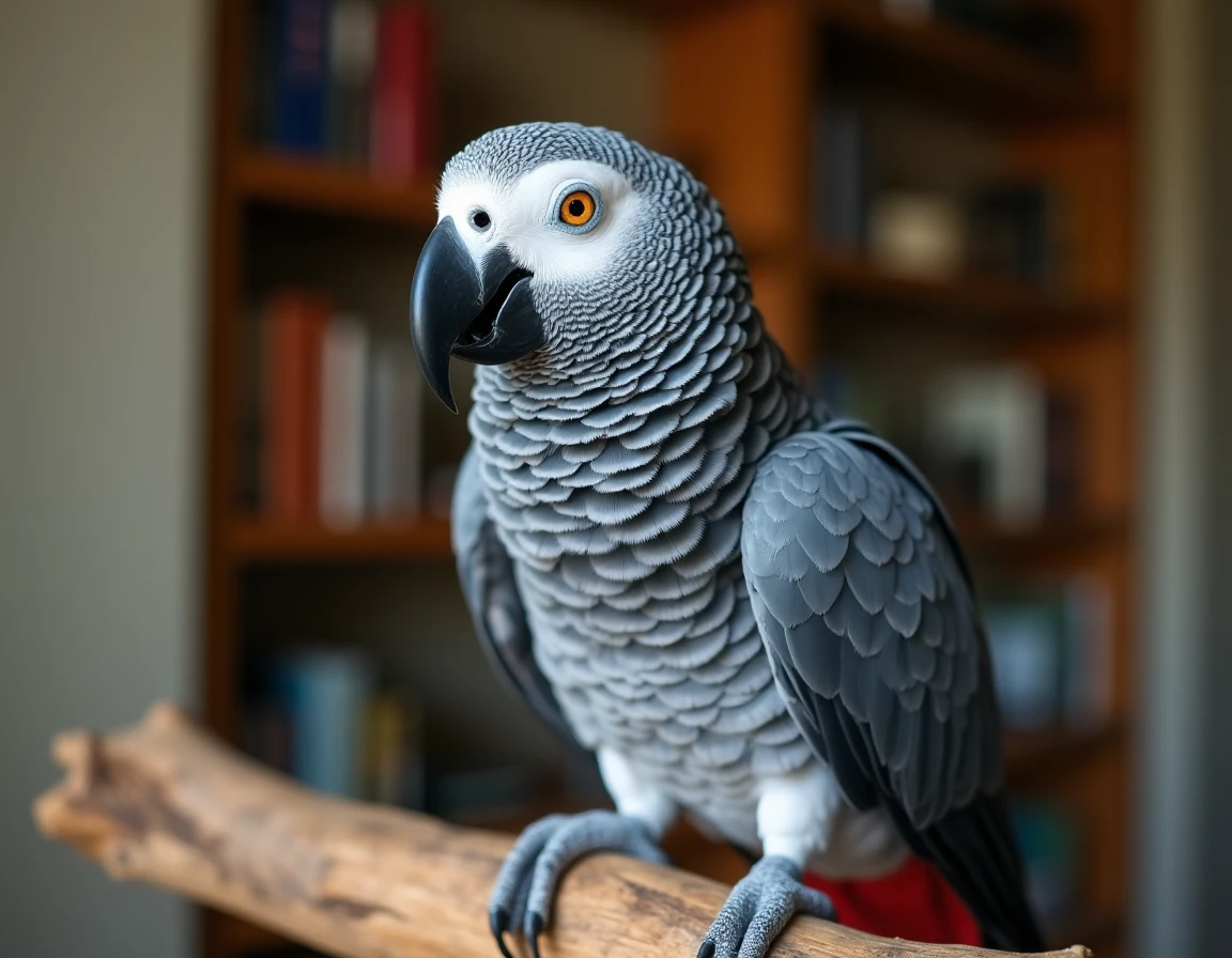 Portrait rapproché d'un gris du Gabon bleu aux plumes détaillées perché sur une branche en bois