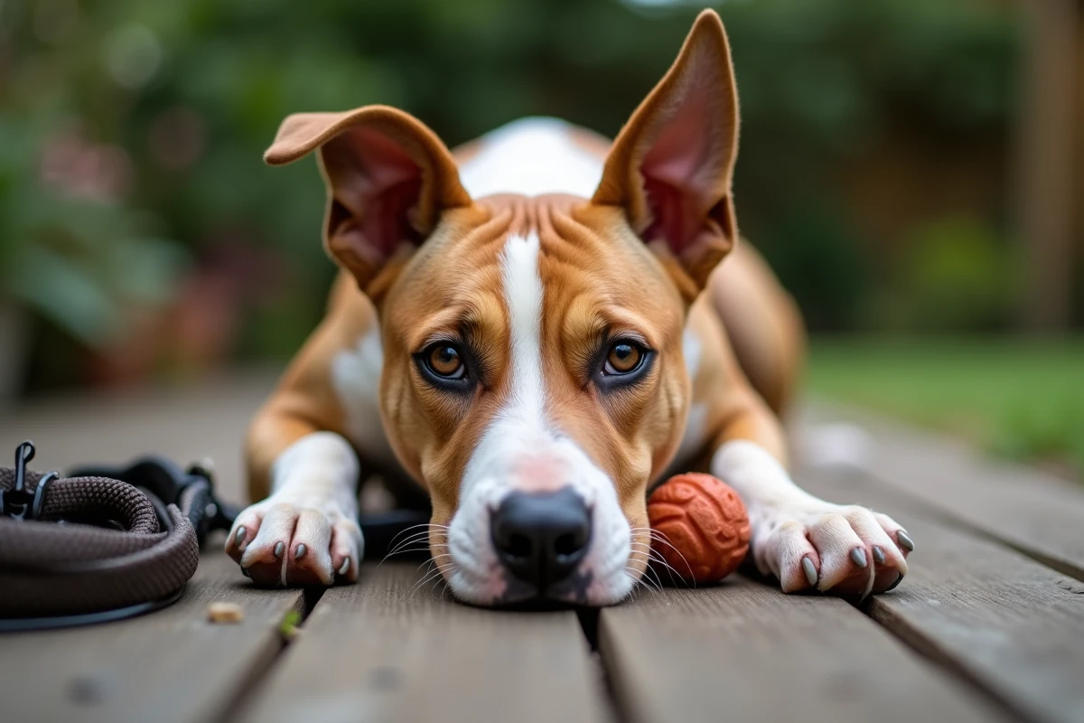 Portrait rapproché d'un American Staffordshire Terrier détendu sur une terrasse en bois après une séance d'éducation positive