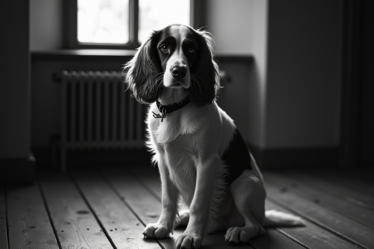 Portrait vintage d un cocker spaniel noir et blanc