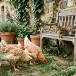 Poules de Brahma aux plumes duveteuses cohabitant paisiblement avec un chat tigré dans un jardin potager rustique