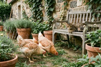 Poules de Brahma aux plumes duveteuses cohabitant paisiblement avec un chat tigré dans un jardin potager rustique
