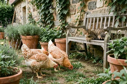 Poules de Brahma aux plumes duveteuses cohabitant paisiblement avec un chat tigré dans un jardin potager rustique