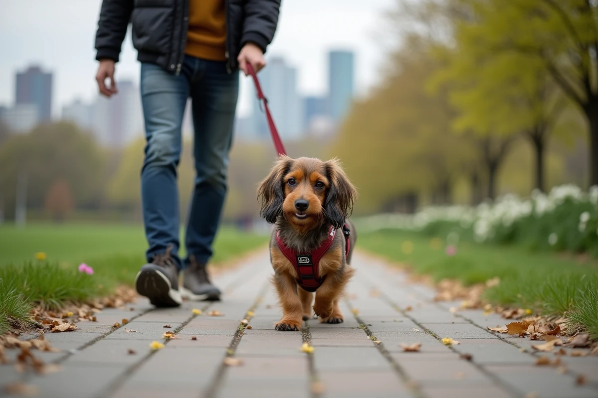 Homme promenant un chien dachshund en harnais dans un parc urbain
