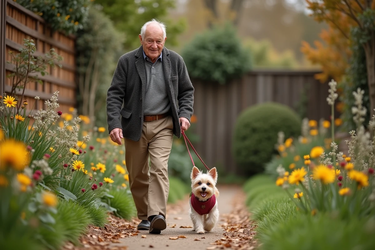 Homme âgé guide son chien dans un jardin en automne