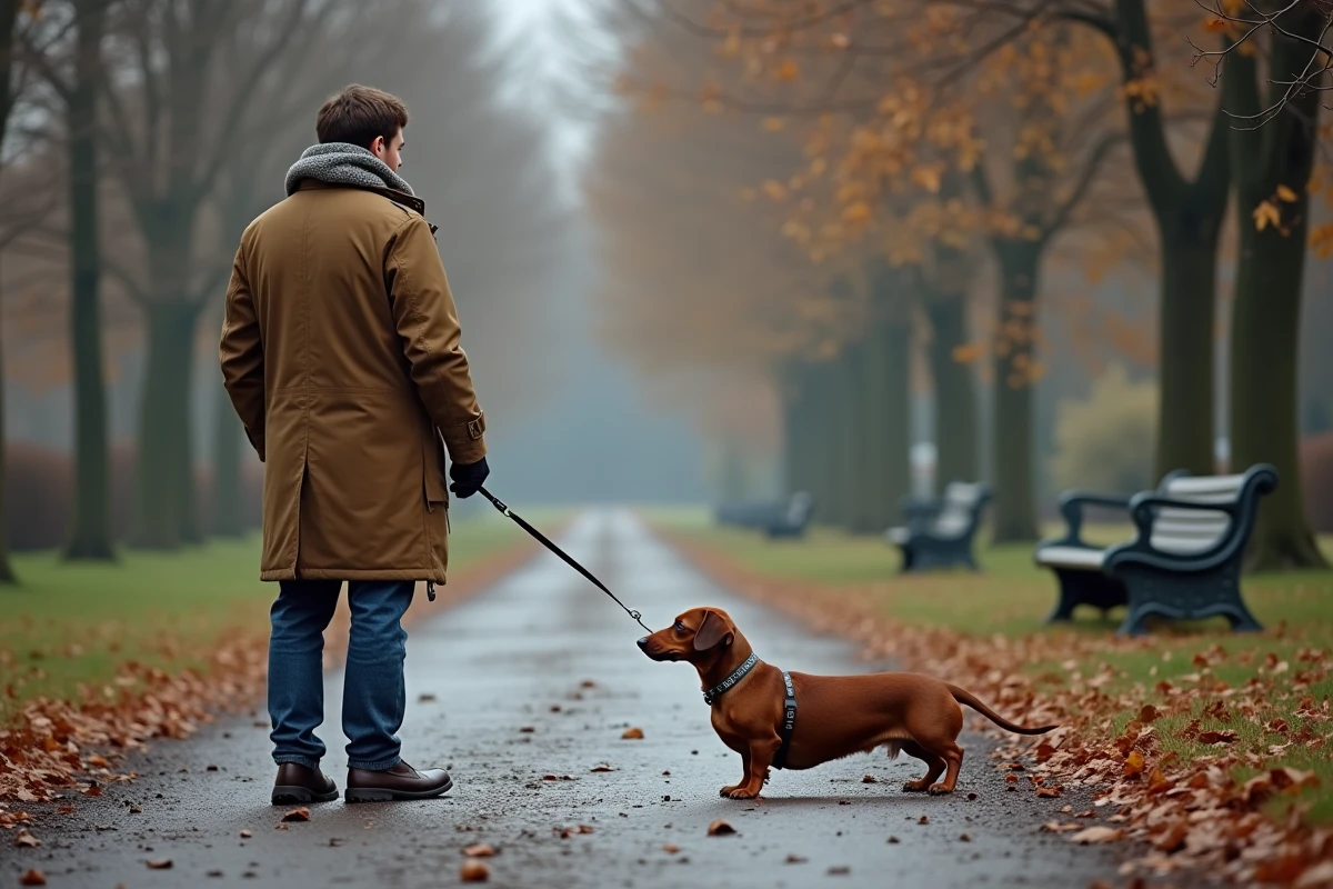 Homme avec un chien dachshund dans un parc boueux en hiver