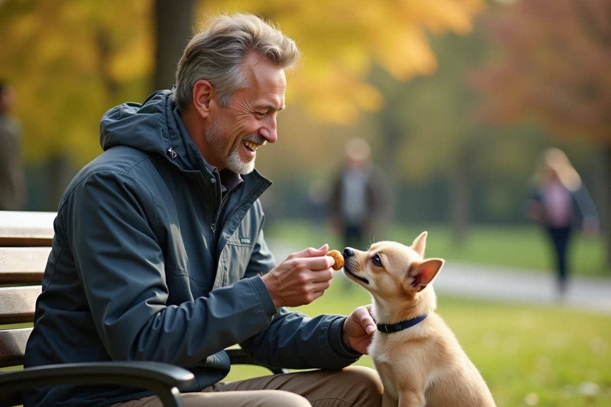 Homme donnant une friandise à son chiot dans un parc urbain