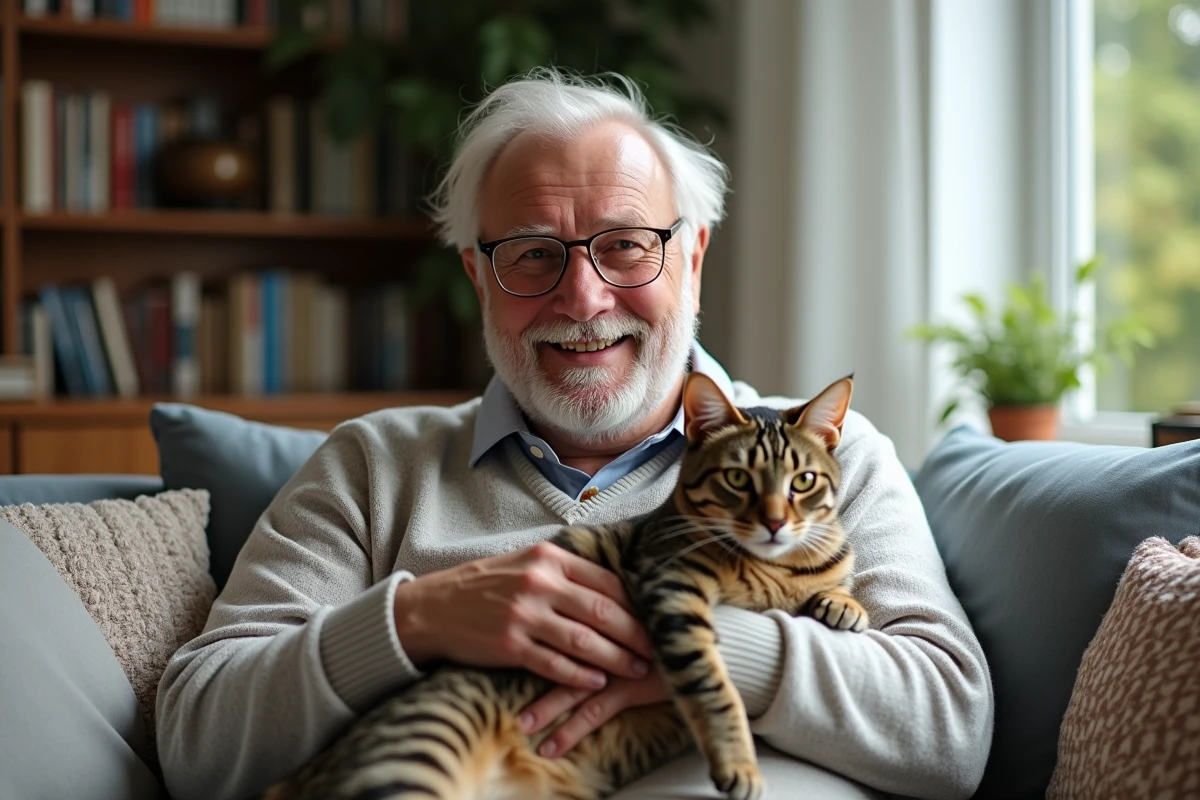 Homme âgé avec son chat dans un salon domestique