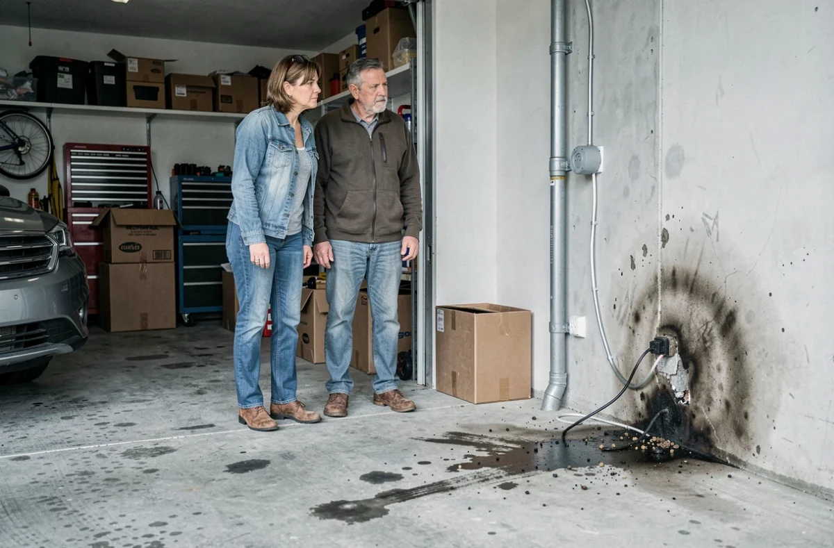 Couple de propriétaires découvrant des crottes de fouine et des câbles rongés dans leur garage