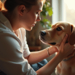 Propriétaire de chien examine doucement l'oreille de son chien à la maison
