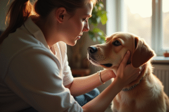 Propriétaire de chien examine doucement l'oreille de son chien à la maison