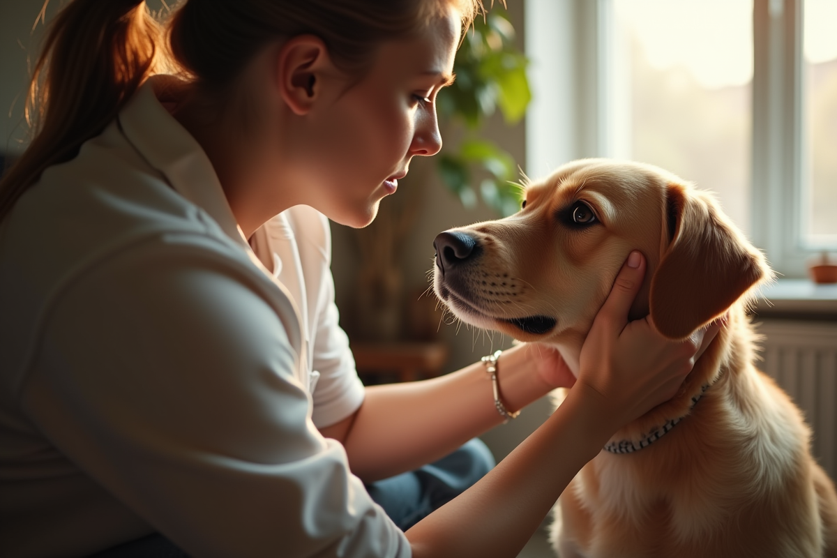 Propriétaire de chien examine doucement l'oreille de son chien à la maison