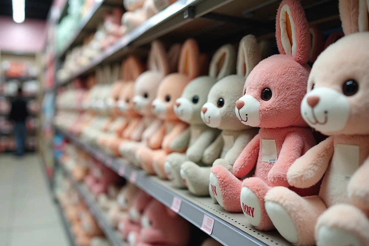 Rayon d'un magasin de jouets présentant des peluches Bunny Pal authentiques et des contrefaçons avec étiquettes et autocollants d'authenticité