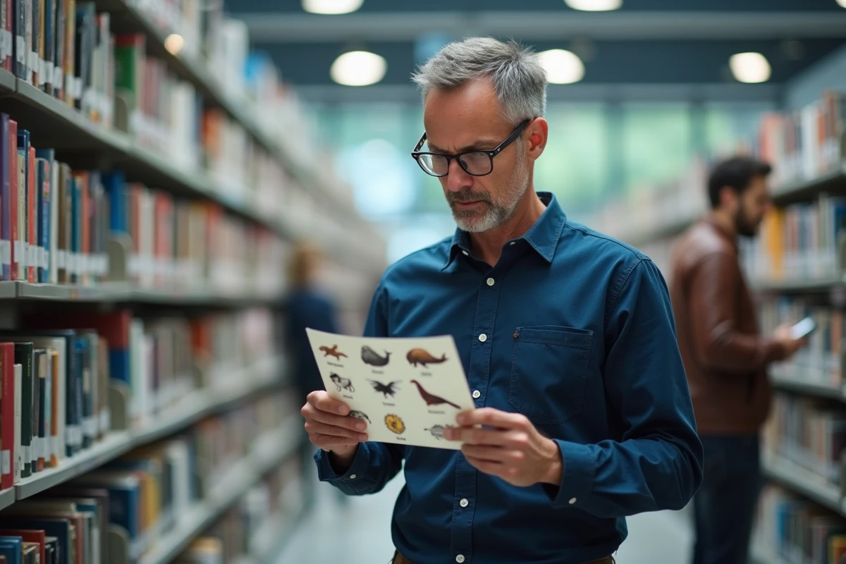 Homme en bibliothèque tenant une fiche de référence listant des animaux commençant par la lettre N, dont le narval et le numbat