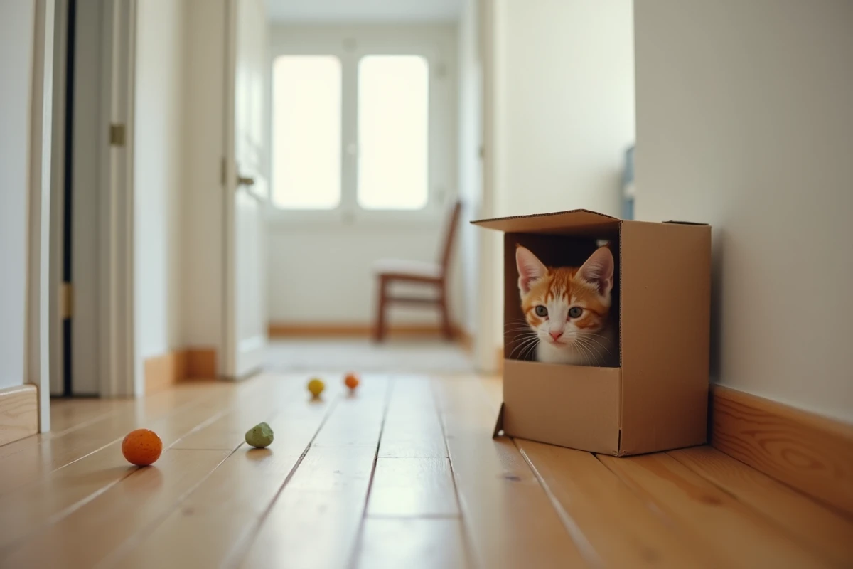 Chaton craintif caché dans un couloir illustrant la règle des 3 jours 3 semaines 3 mois d'adaptation