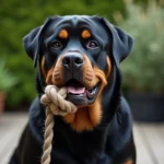 Rottweiler adulte aux mâchoires puissantes tenant un jouet en corde, illustration de la force de morsure chez les grandes races de chiens