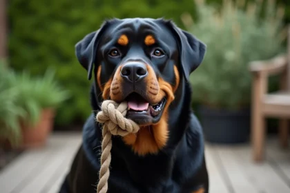 Rottweiler adulte aux mâchoires puissantes tenant un jouet en corde, illustration de la force de morsure chez les grandes races de chiens